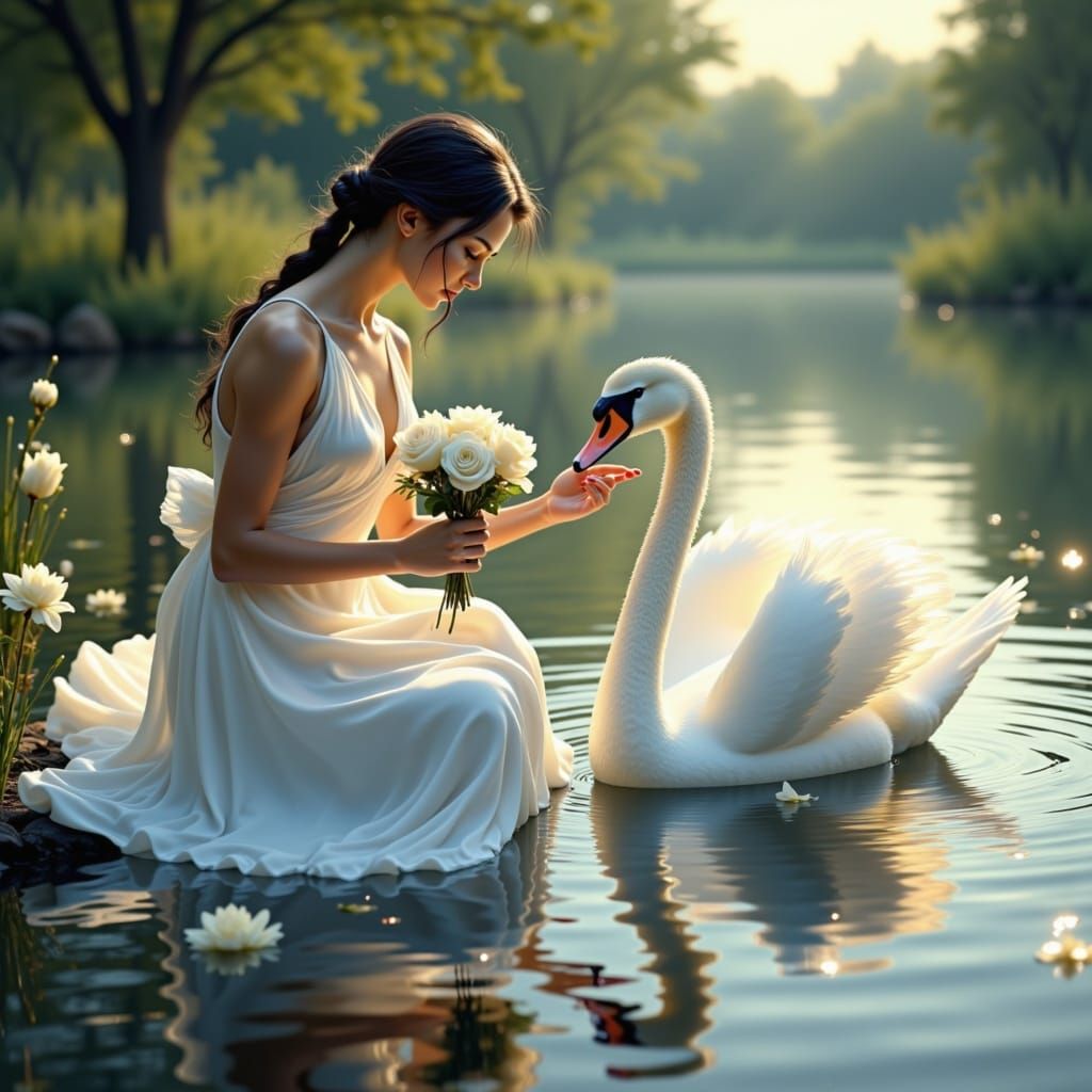 White swan near the border of a lake aproaching to a maidne on silk white that caress him with some white rose. <lora:The Swan of Red:1.0>