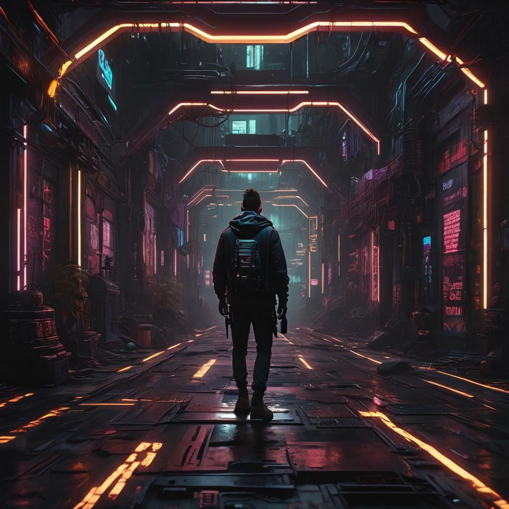 Cyberpunk young man down neon lights