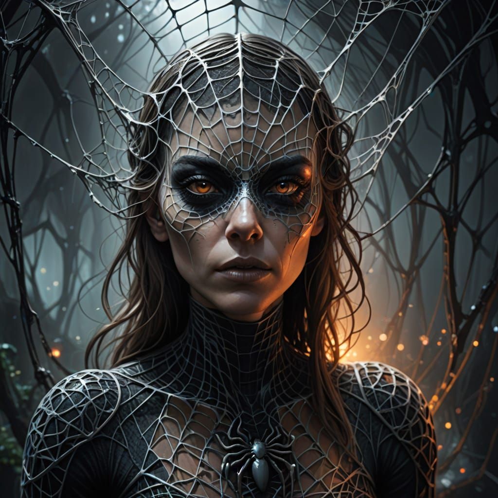 An alien spider woman in it's lacy web, fantasy concept art, Sci-fi,  surreal impressionistic 
