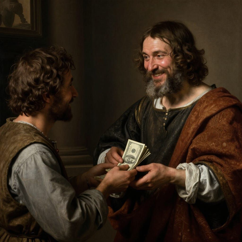 Wealthy Man Donates to Poor Man in Renaissance Style