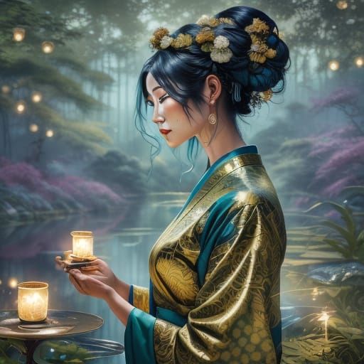 Serene Woman in Lush Greenery, Ukiyo-e Art Deco Style