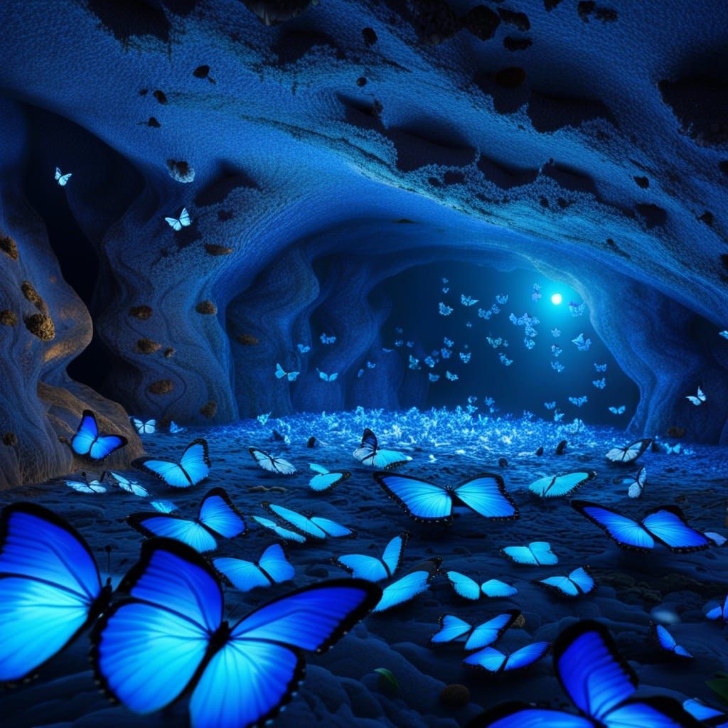 A blue butterfly cave with millions of blue butterflies of different ...