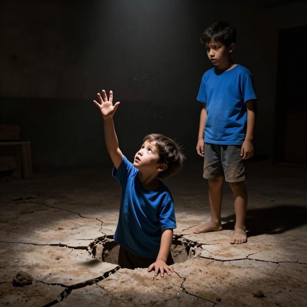 Boy Emerges From Floor with Twin in Dramatic Light