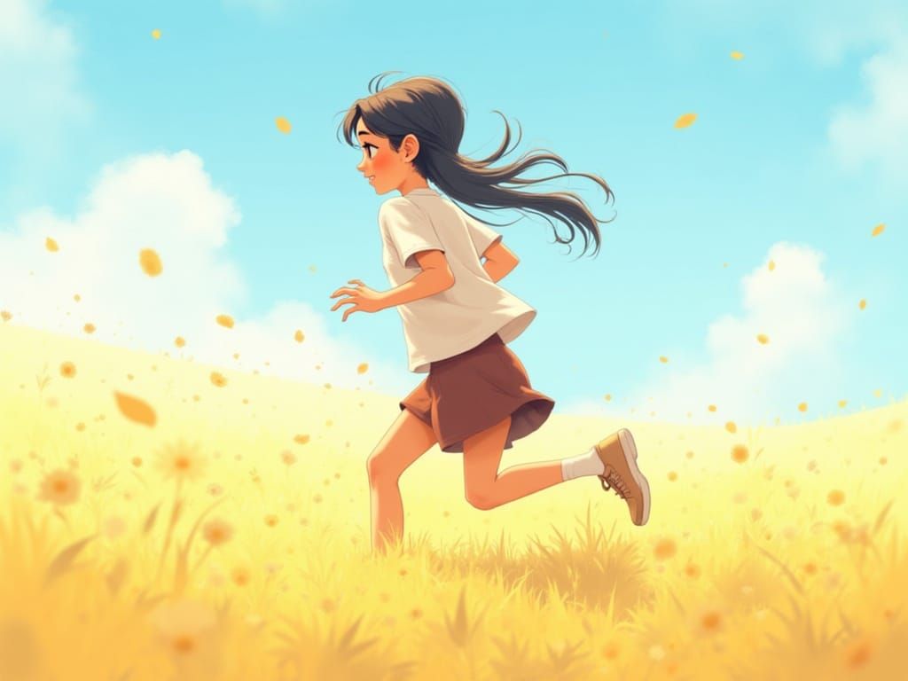 <lora:Adsumus:1.0>This image is a digital illustration of a stylized  character :: in the style of Cosimo Galluzzi :: a girl running in a s...