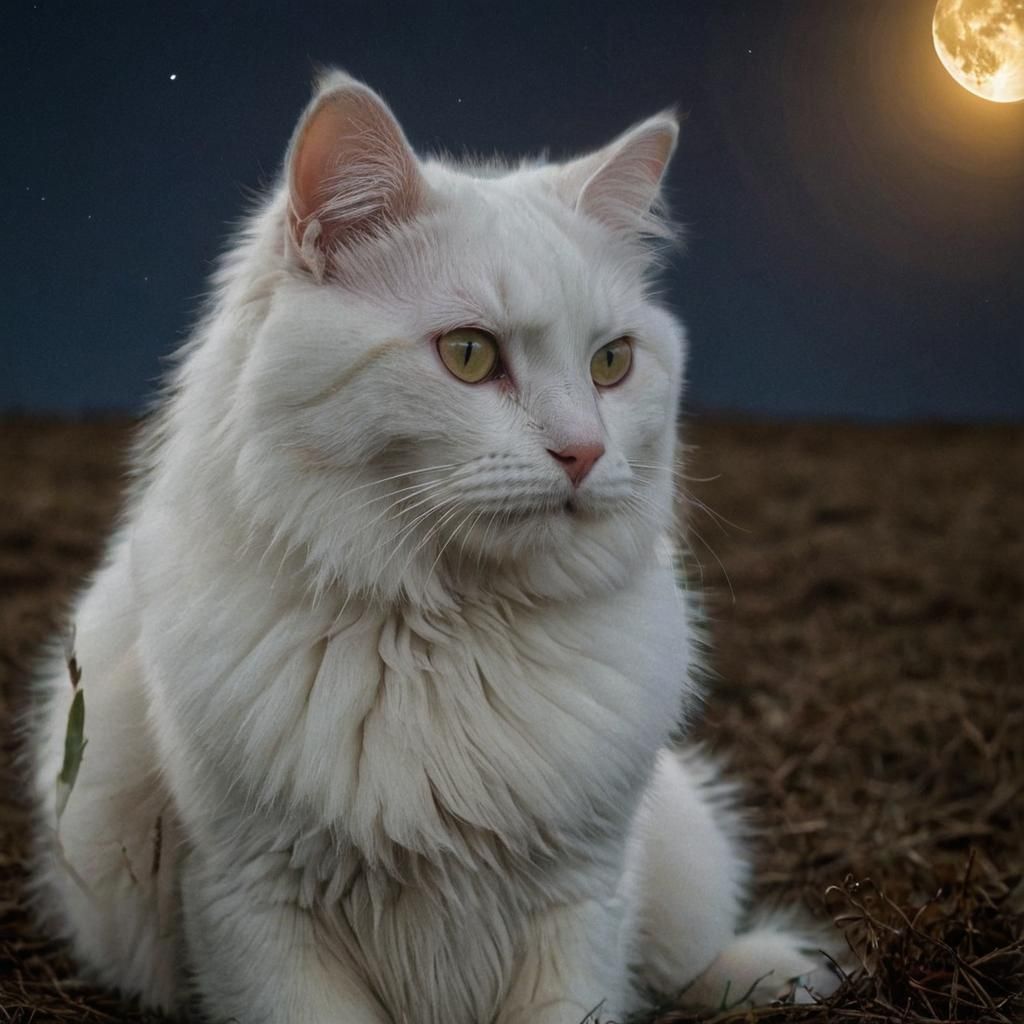 a beautiful very fluffy white cat sitting in an open field at night.  a huge full moon is on the horizon. Cinematic film still, shot on v-ra...