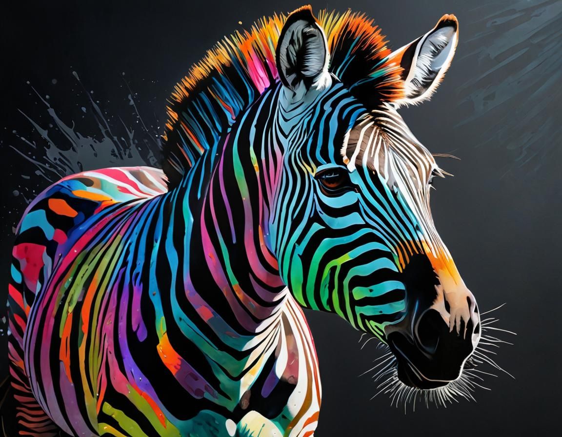 gorgeous Zebra  painted with matte paint, silver highlights, thick brush strokes, grunge style, merging perfectly into a black canvas, by Da...