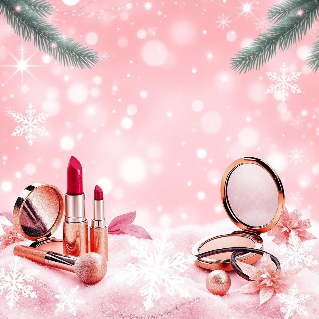 A glamorous Christmas-themed background with a soft pink color palette. Include sparkling glitter, snowflakes, twinkling lights, and subtle ...