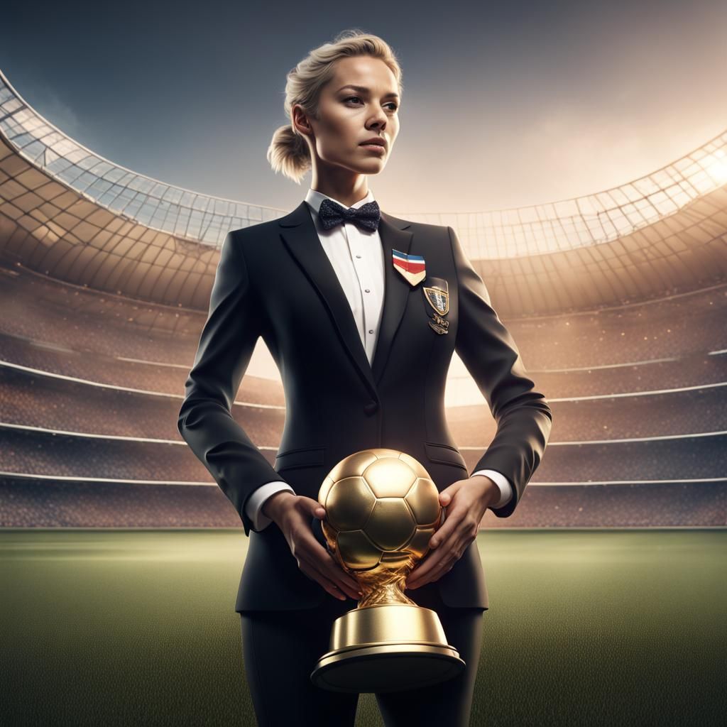 Female soccer player wearing a tuxedo and bowtie holding the women's ...