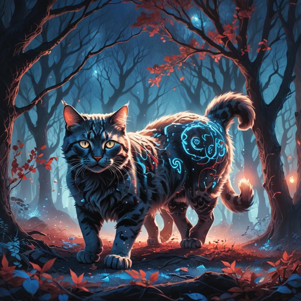 Mystical Cat in Blue Forest: Fantasy Concept Art