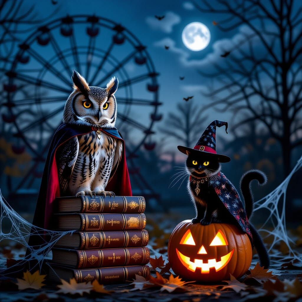 A dilapidated, forgotten amusement park at twilight, where the rusted Ferris wheel casts long, eerie ...  by @Cheryl Muirson