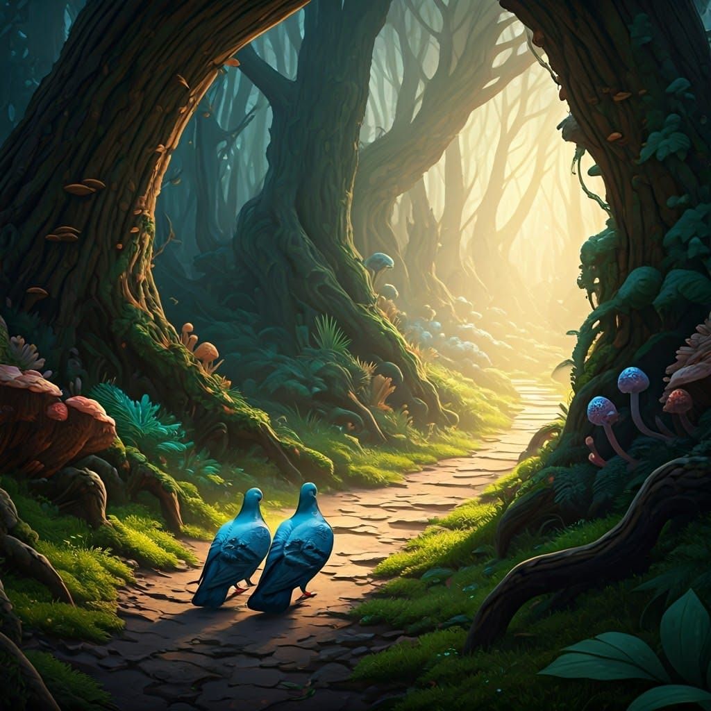 Emerald and Sapphire Pigeons Stroll Amidst Fantastical Folia...