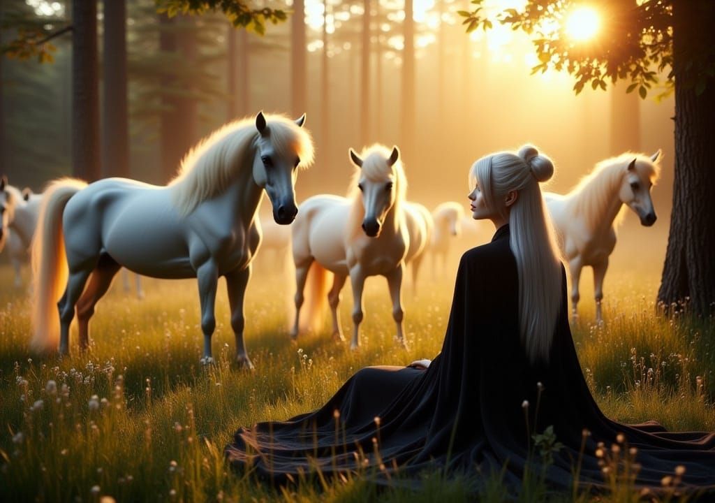 <lora:Drow Flux:1.0> A serene drow mage sits in a lush field, watching herds of shimmering unicorns graze and frolic under a golden sunset....