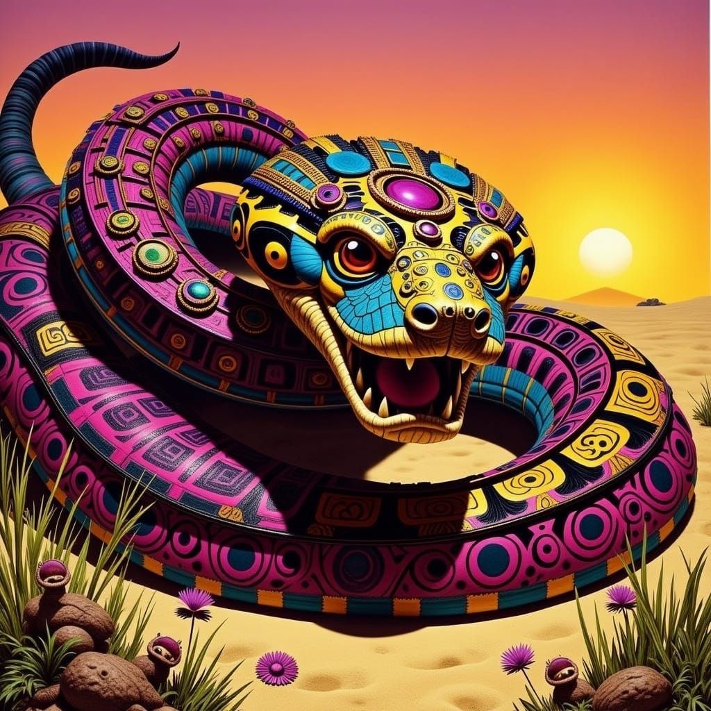 <lora:MONKEY QUEEN:1.0> Portrait of an enormous rattlesnake ready to strike. Background is sand and grass. ...  by @GrizzMum