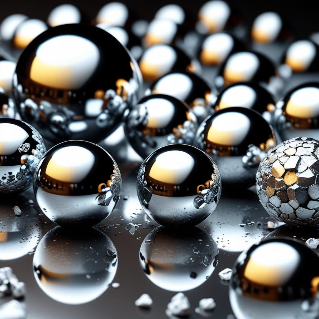 Shiny chrome spheres above fragment-shaped chrome minerals.  by @Granit9