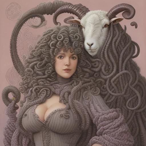 Funny and friendly sheep with curly tentacled wool curls, by...