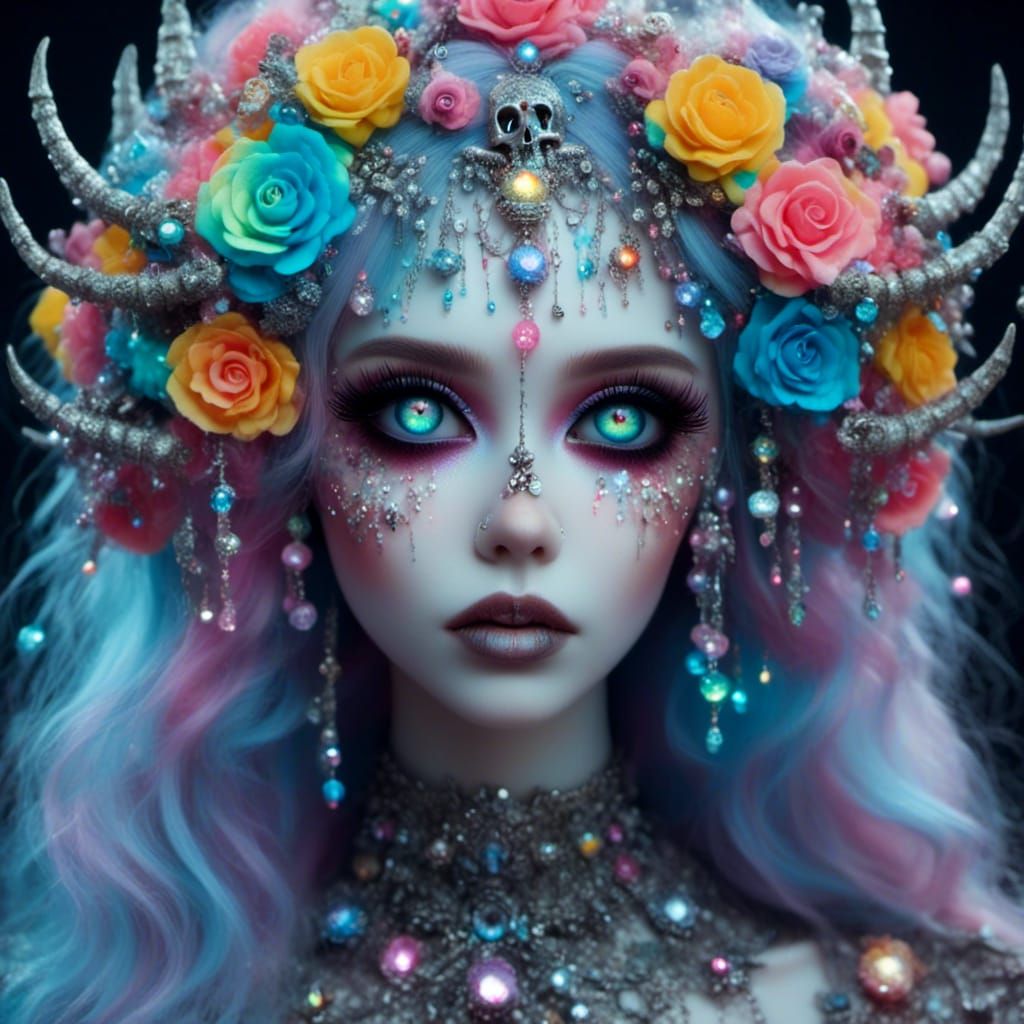 <lora:Beautiful Bones:1.0> Stunning Gothic Ethereal Beautiful woman with glowing <lora:GothicGhostGirl:0.4> eyes <lora:PastelHorror:0.6> Glo...
