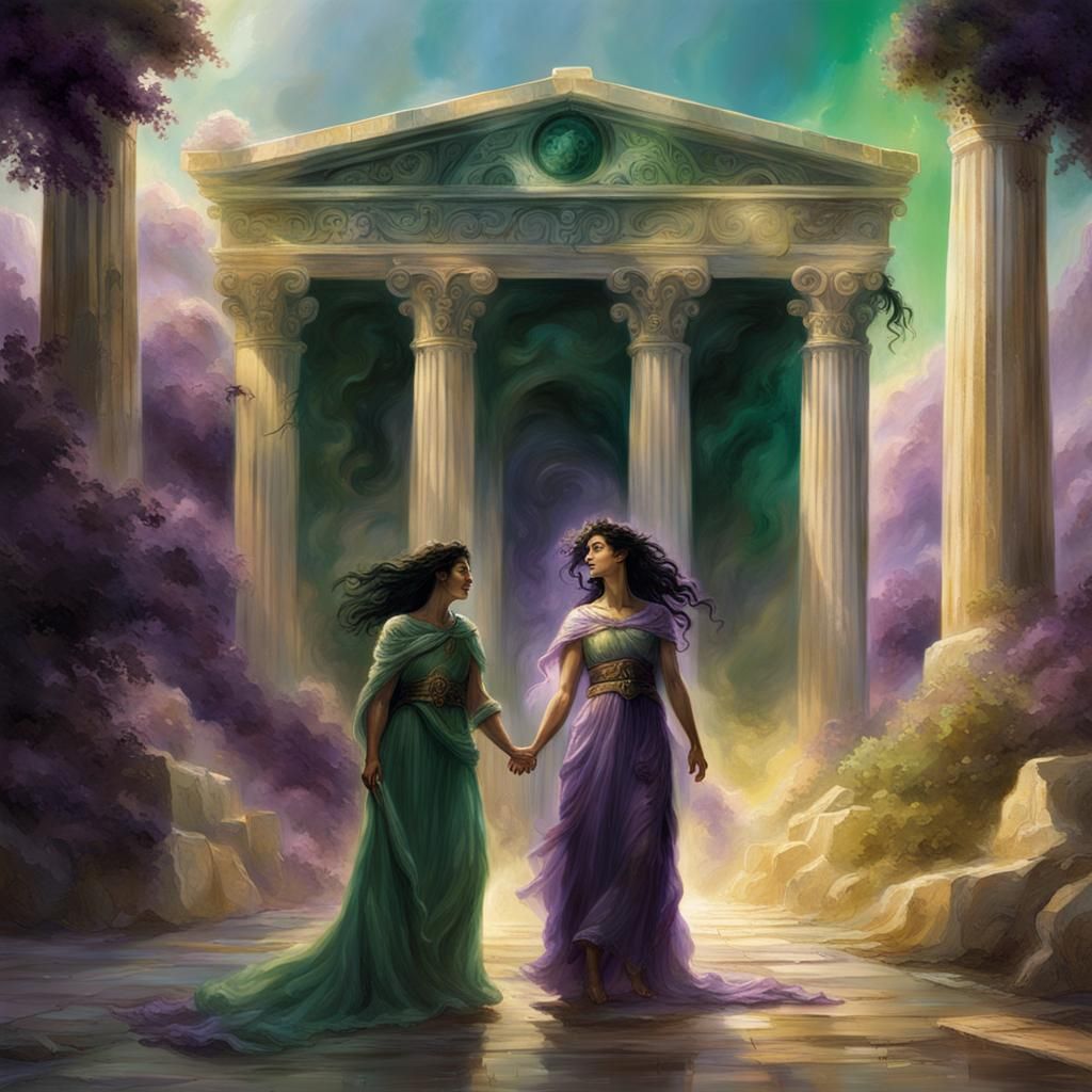 happy Ancient Greek princess with black curly hair and green...
