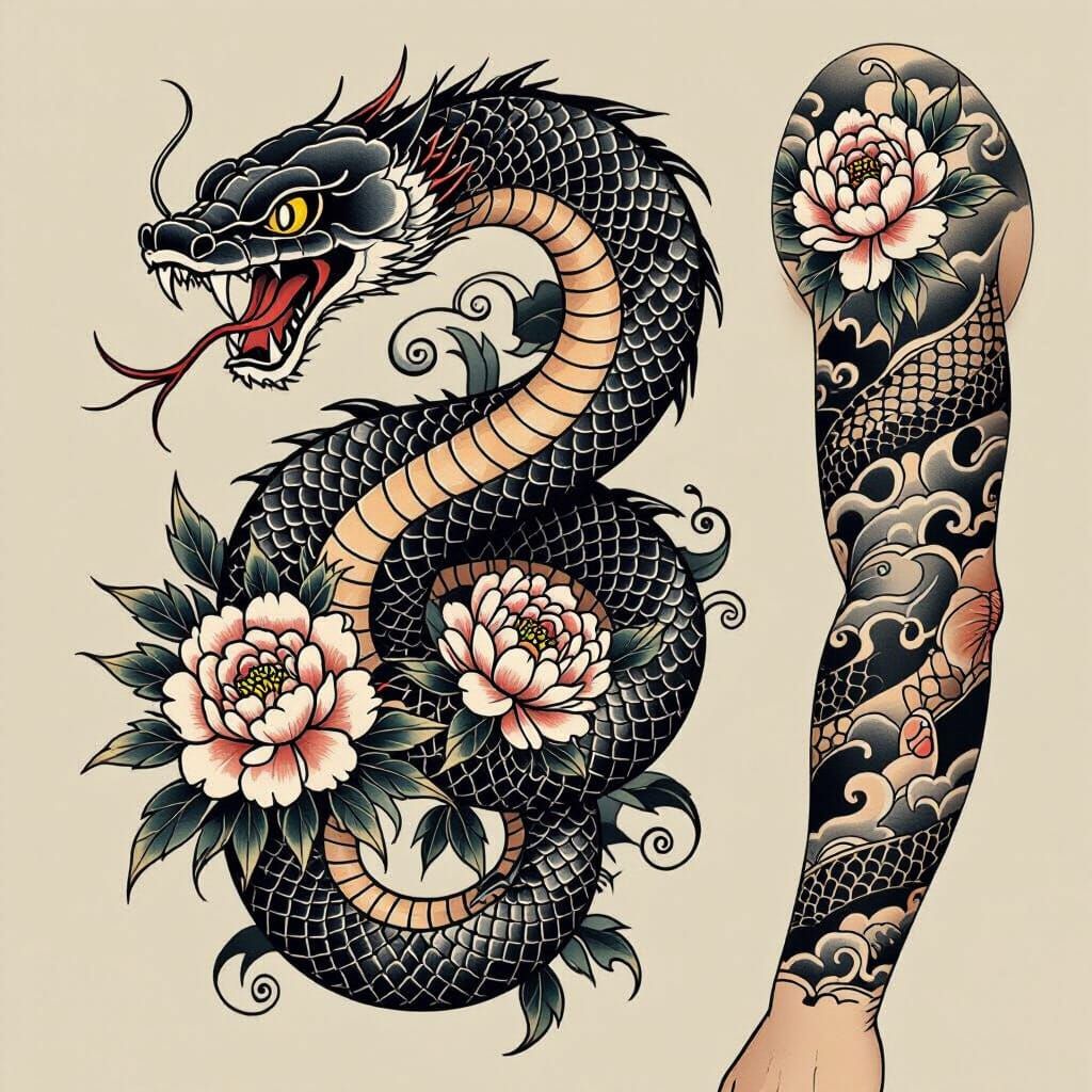 Traditional Japanese-style tattoo sleeve design showing a 360° wrap of a snake with its head near the wrist, mouth open and fangs visible. O...