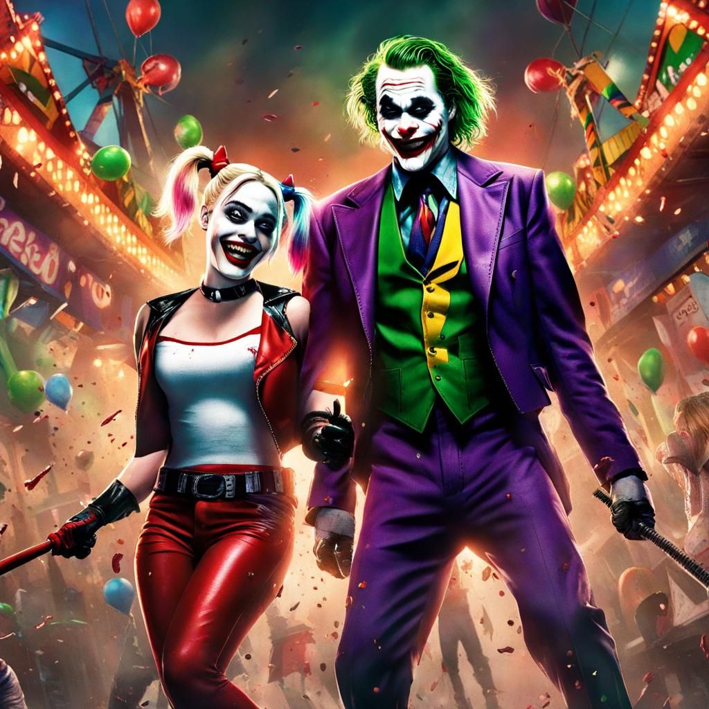 the Joker and Harley Quinn wreaking havoc in a carnival, showcasing ...