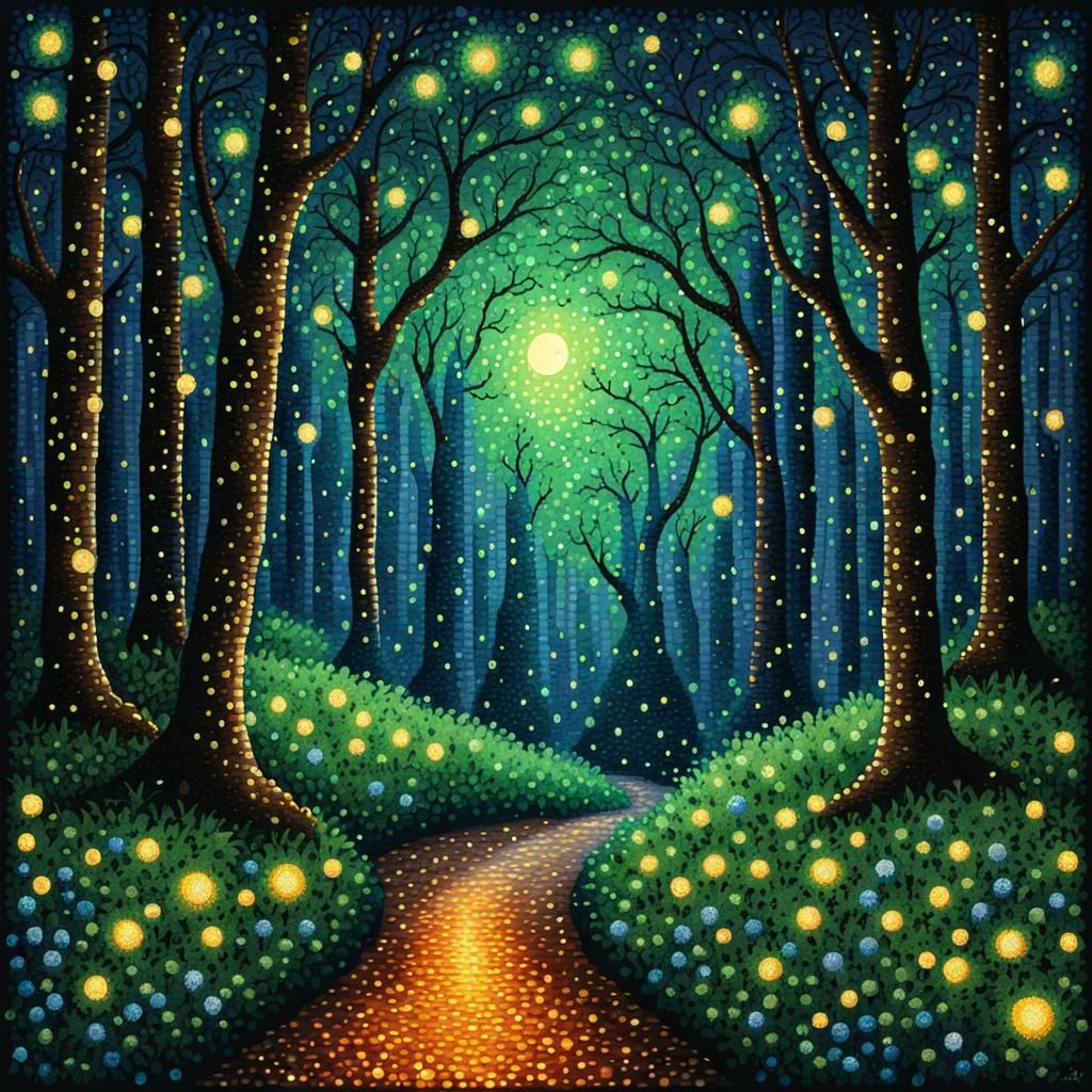 
An enchanted forest scene with glowing fireflies.