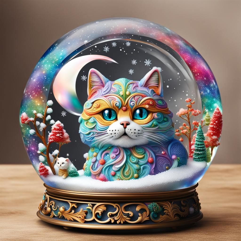 a snow globe with a cat inside colorful intricately detailed...