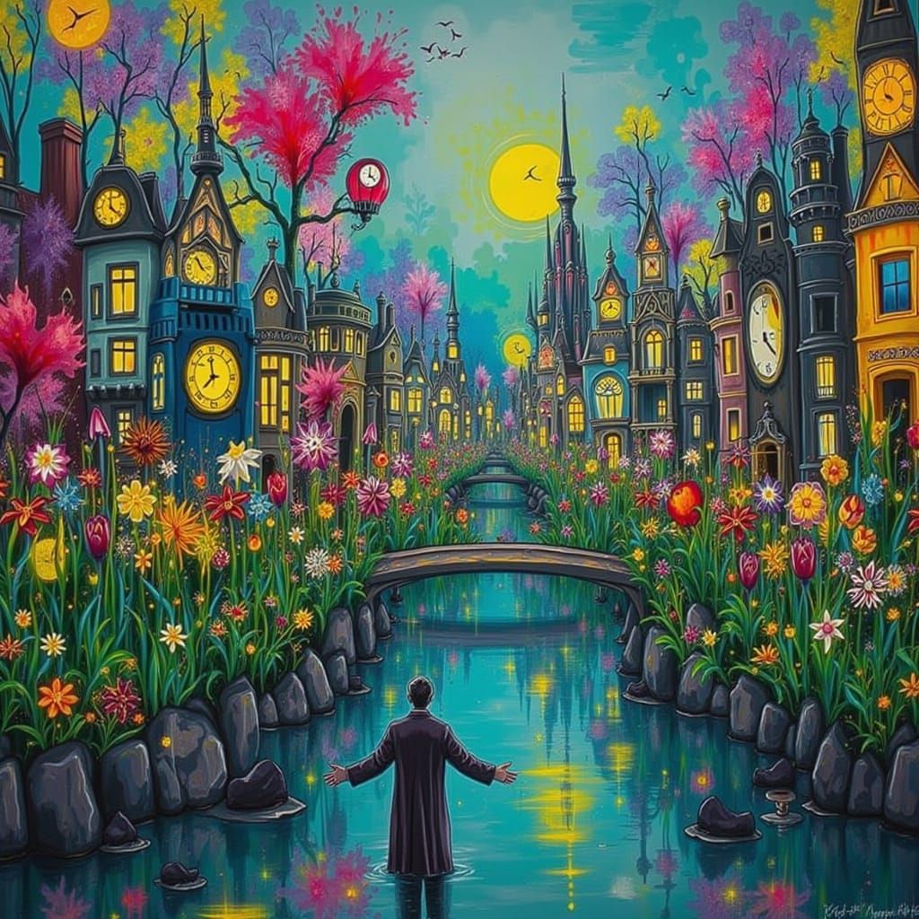 <lora:BLOOMING VIBRANT:1.0> Silhouettes with clocks for heads in a clockwork city