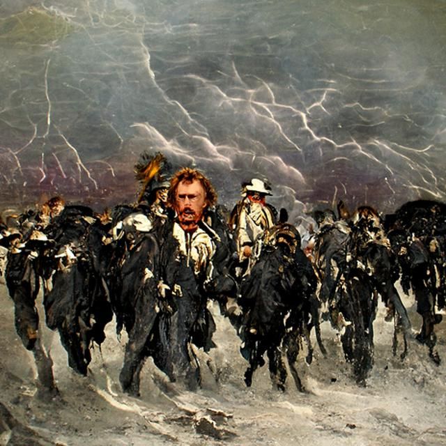 Custer leading men into hell during a storm
