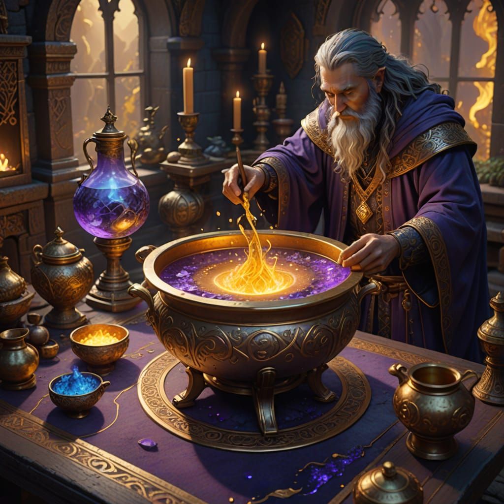 Wizard Prepares Golden Elixir in Majestic Iron Cauldron