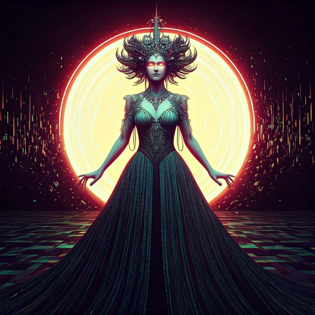 A digital enchantress with a flowing gown of binary code stands before a shimmering portal, their eyes radiating an otherworldly glow. The b...