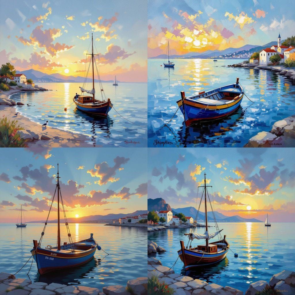 Sunset Seascape Oil Painting with Dolphins and Boat