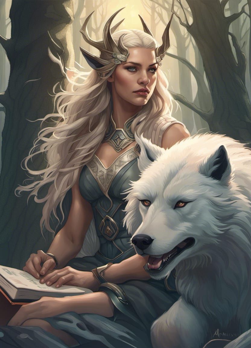 Norse Goddess Hel With Fenrir Reading Books In An Enchanted Forest - AI ...