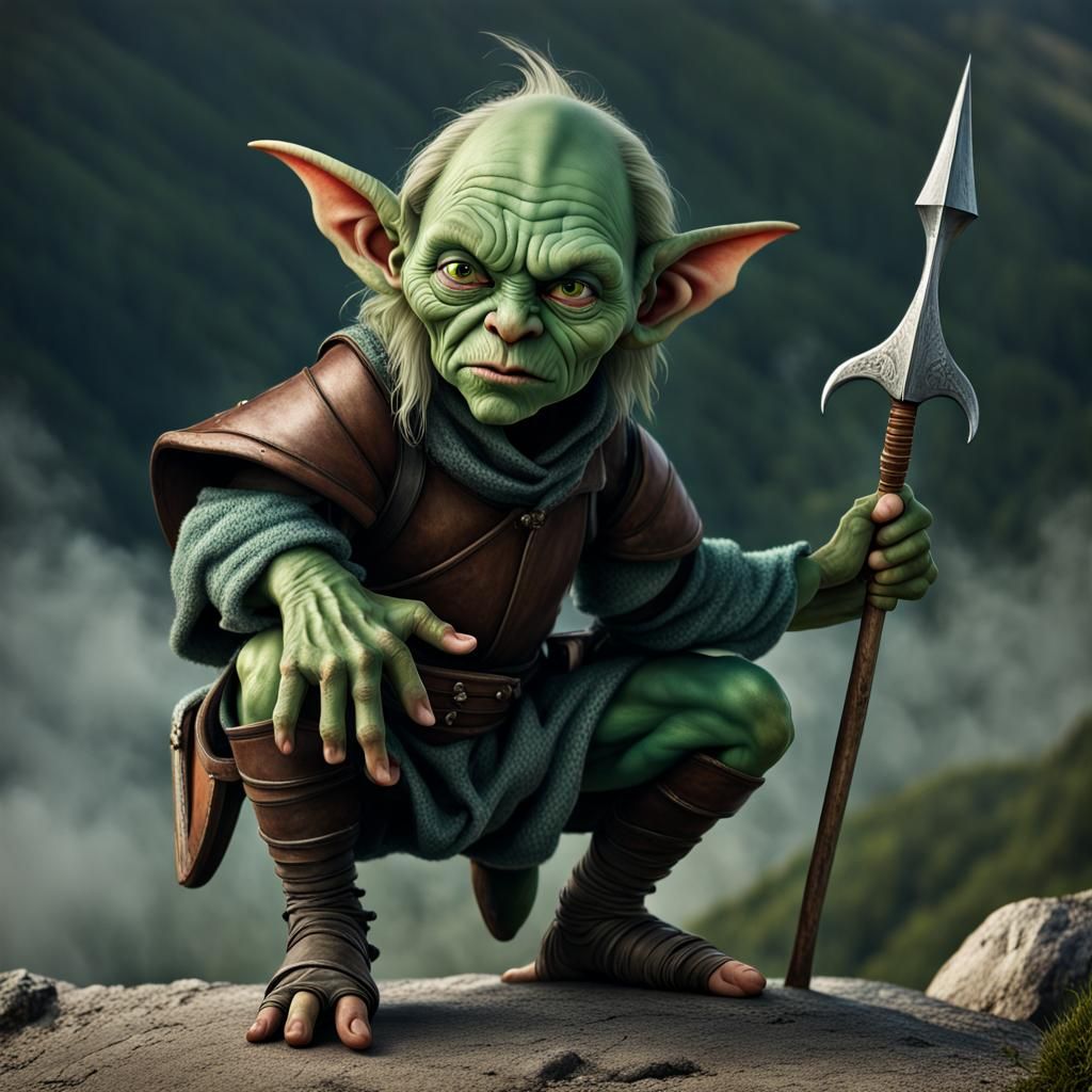 small crouching goblin with spear, pale green skin, detail, mountain ...