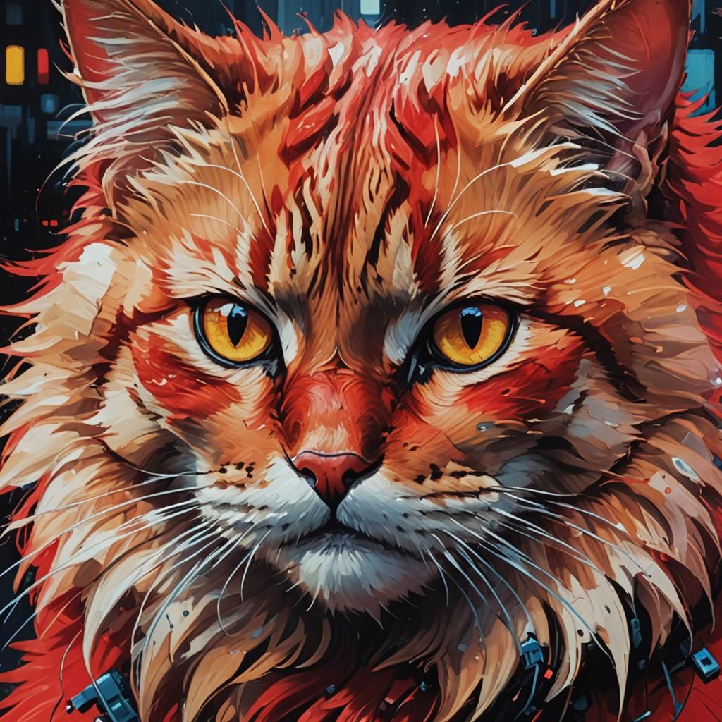 A vivid close-up portrait of a red fluffy cat face in cyberp...