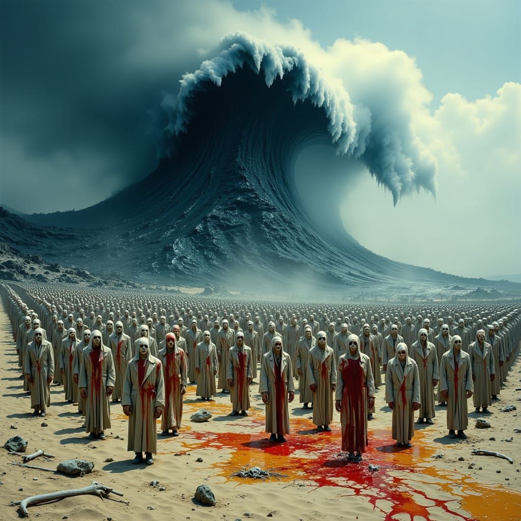 <lora:Realistic Terror:1.0> Prompt:
Full body image of thousands of figures standing in silence on a beach as a colossal wave of black water...