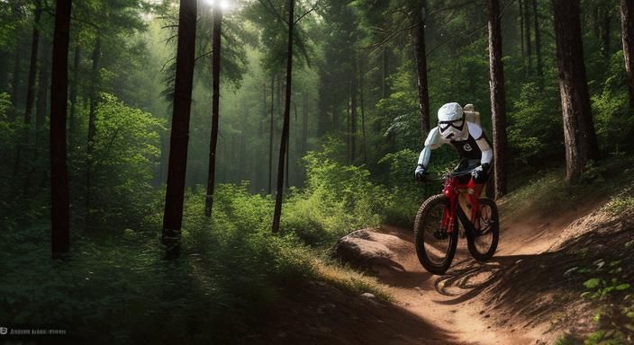 Stormtrooper riding red mountain bike