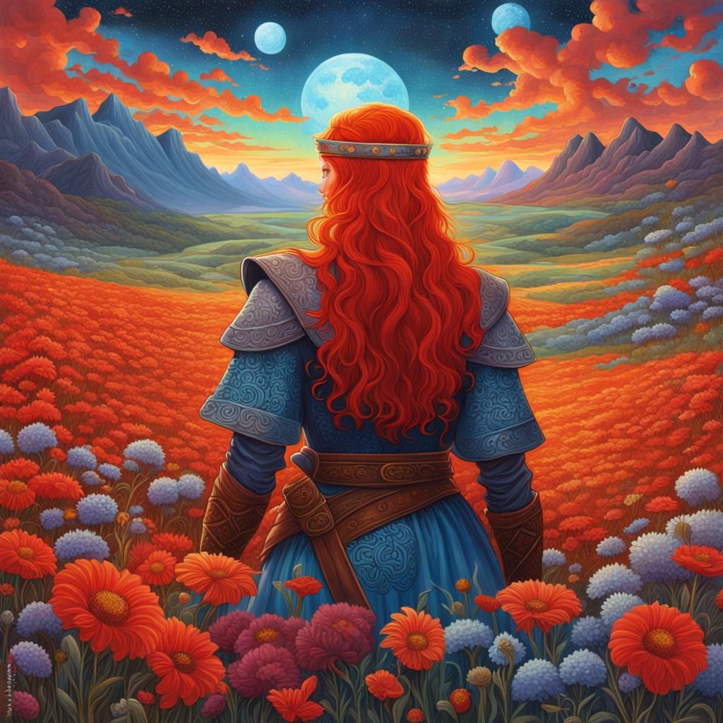 Red haired Viking warrior woman in field of flowers - AI Generated ...