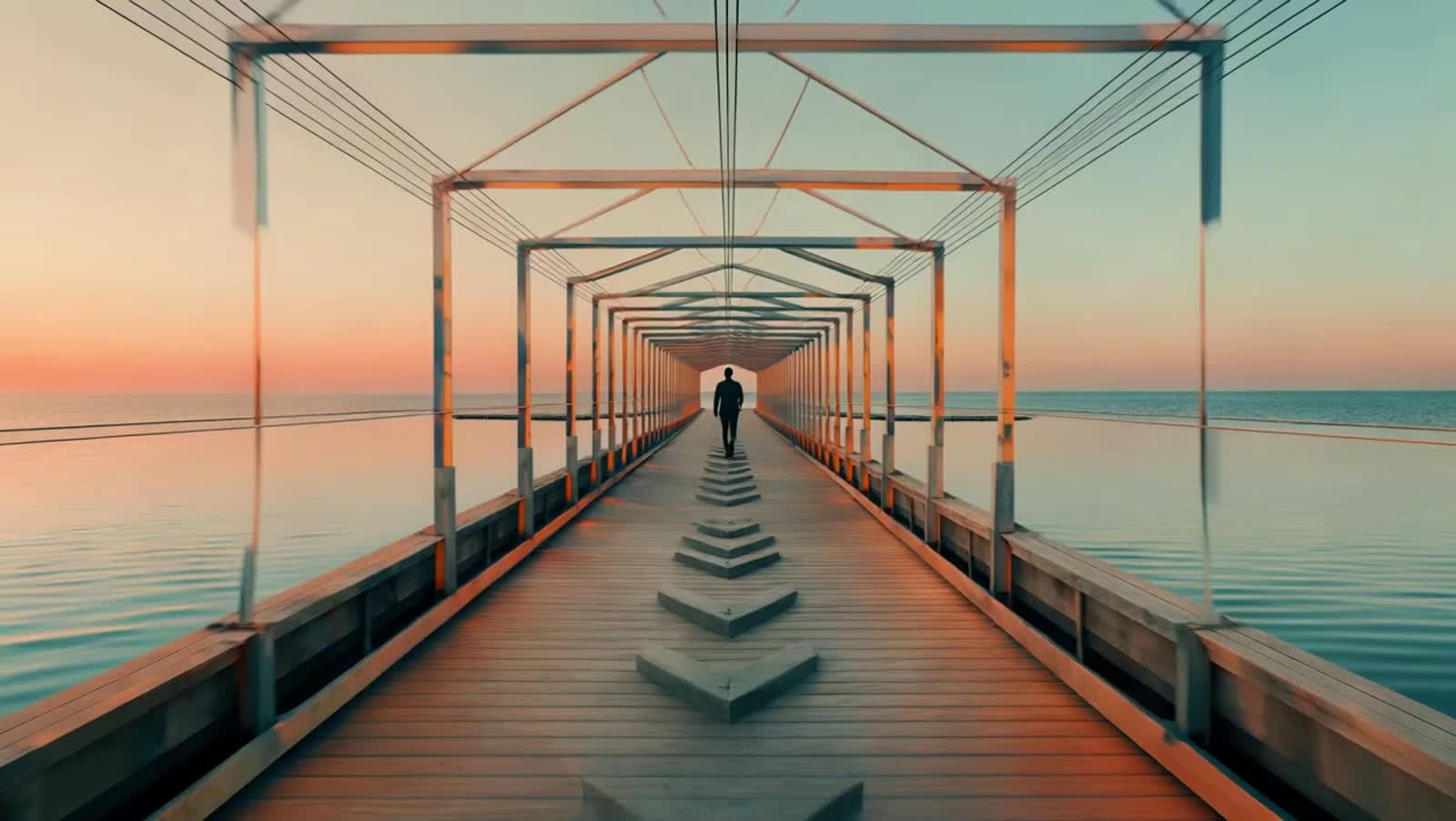 Surrealist scene of a long pier at the beach
