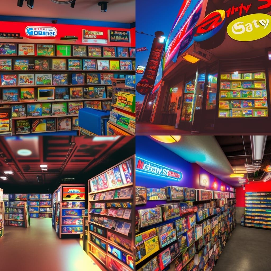 Realistic Retro video game store, PlayStation2, Nintendo 64, Sega AI Generated Artwork