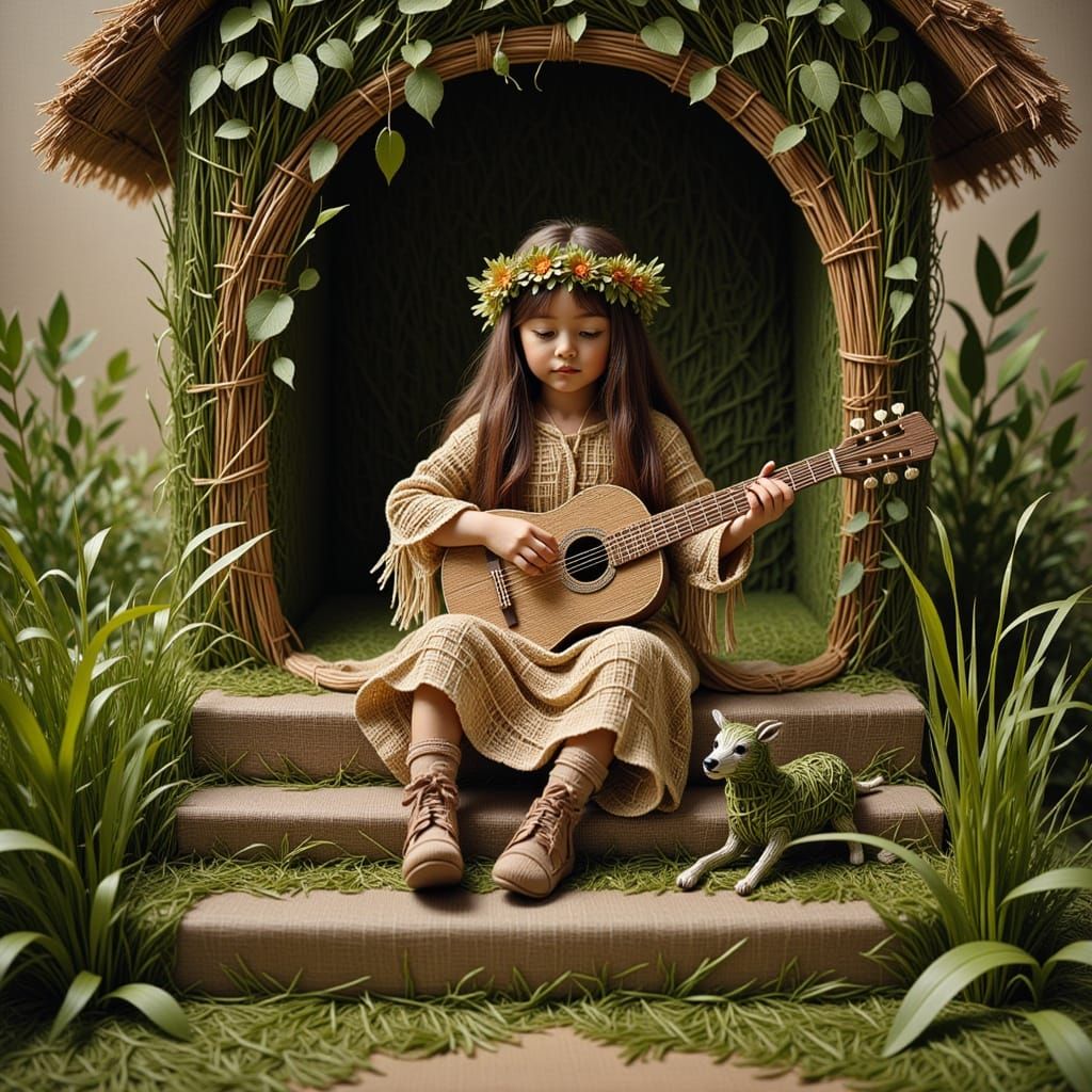 <lora:flax:1.0> barefoot girl in boho clothes sits on the steps of a house with a guitar, a wolf sleeps at her feet made from moss and mossy...