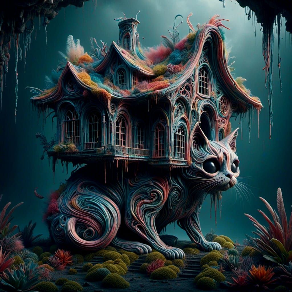 <lora:Wonky Houses ALIVE:1.0> cat infused with a house
