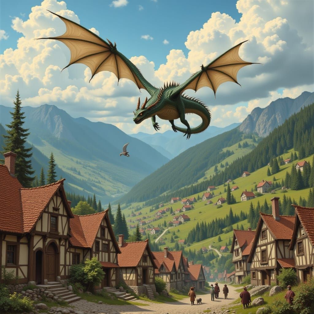 <lora:Frightening lies:1.0> A dragon flying over a village
