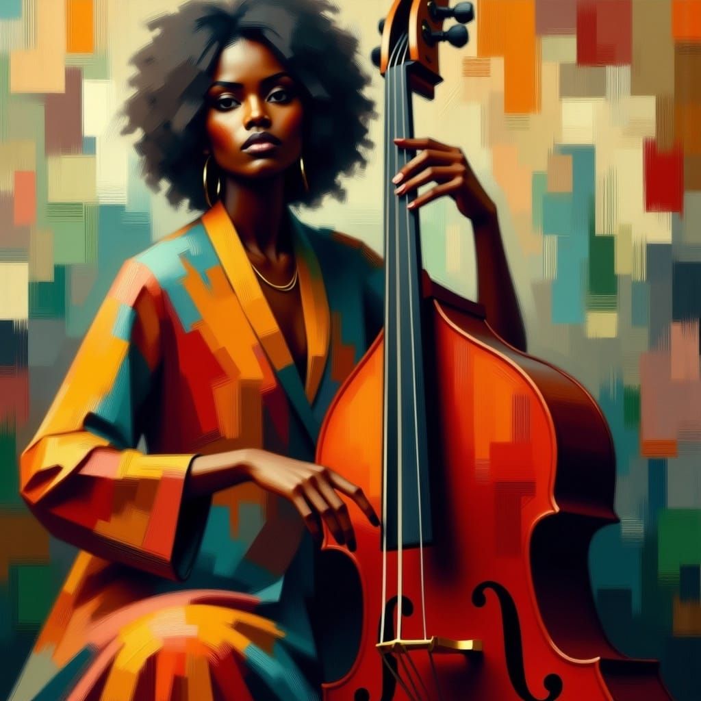  <lora:MidnightOil:1.0> Ethiopian woman playing a doublebass 