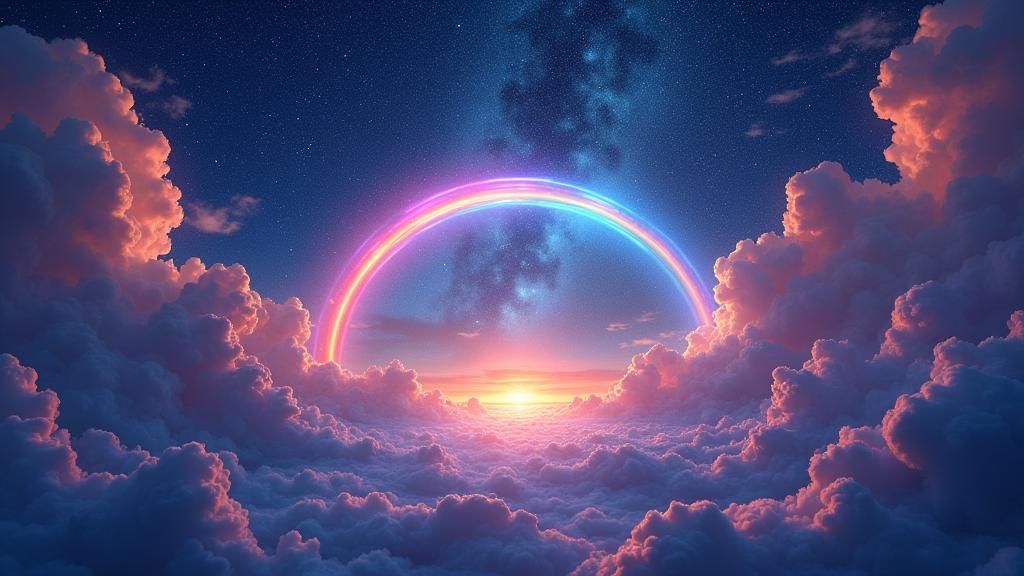 Cosmic Clouds and Rainbow Bridge in Dreamlike Illustration