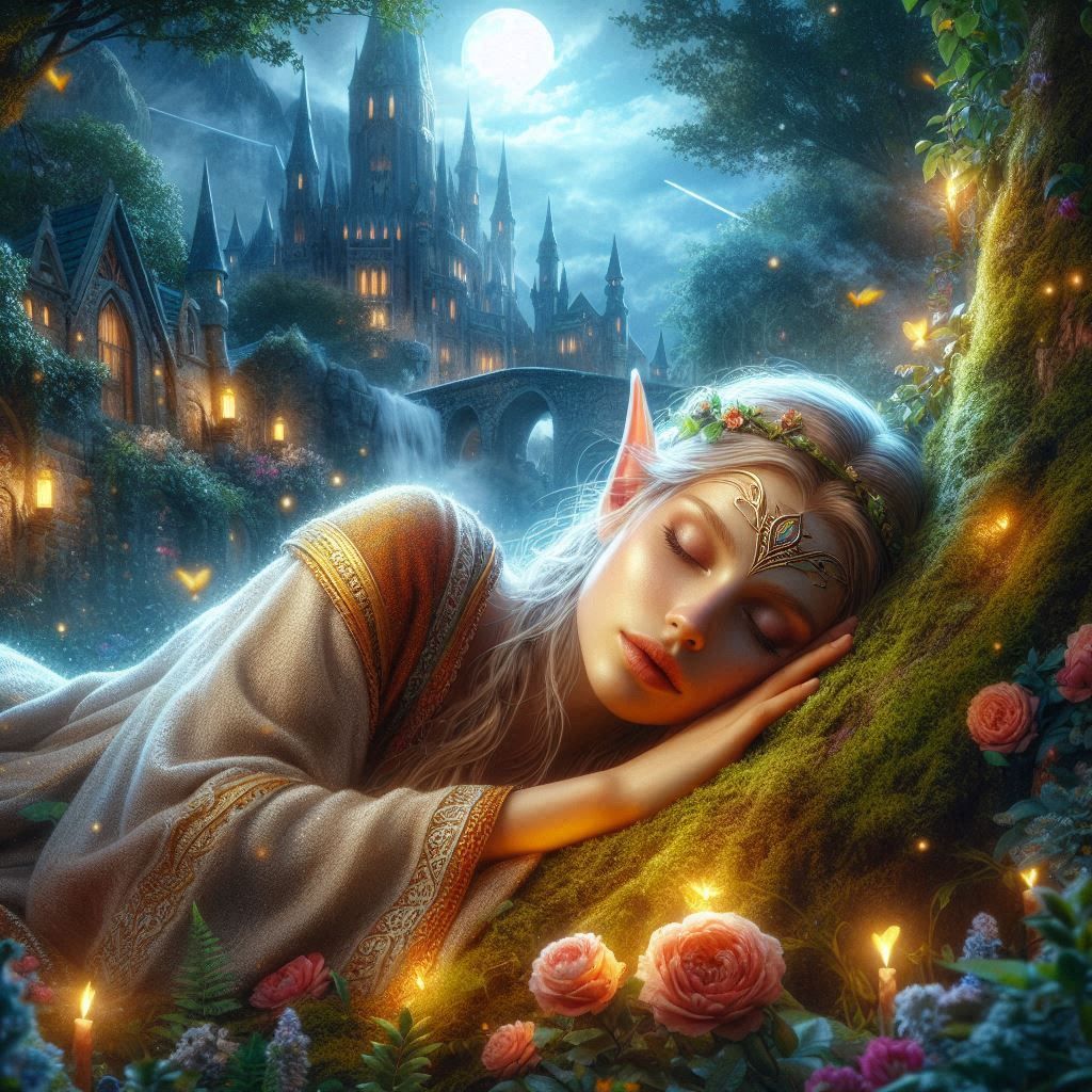 Esme the Forest Elf sleeping by a Tree