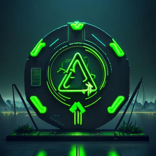 Centered three dimensional green neon recycle sign glowing a...