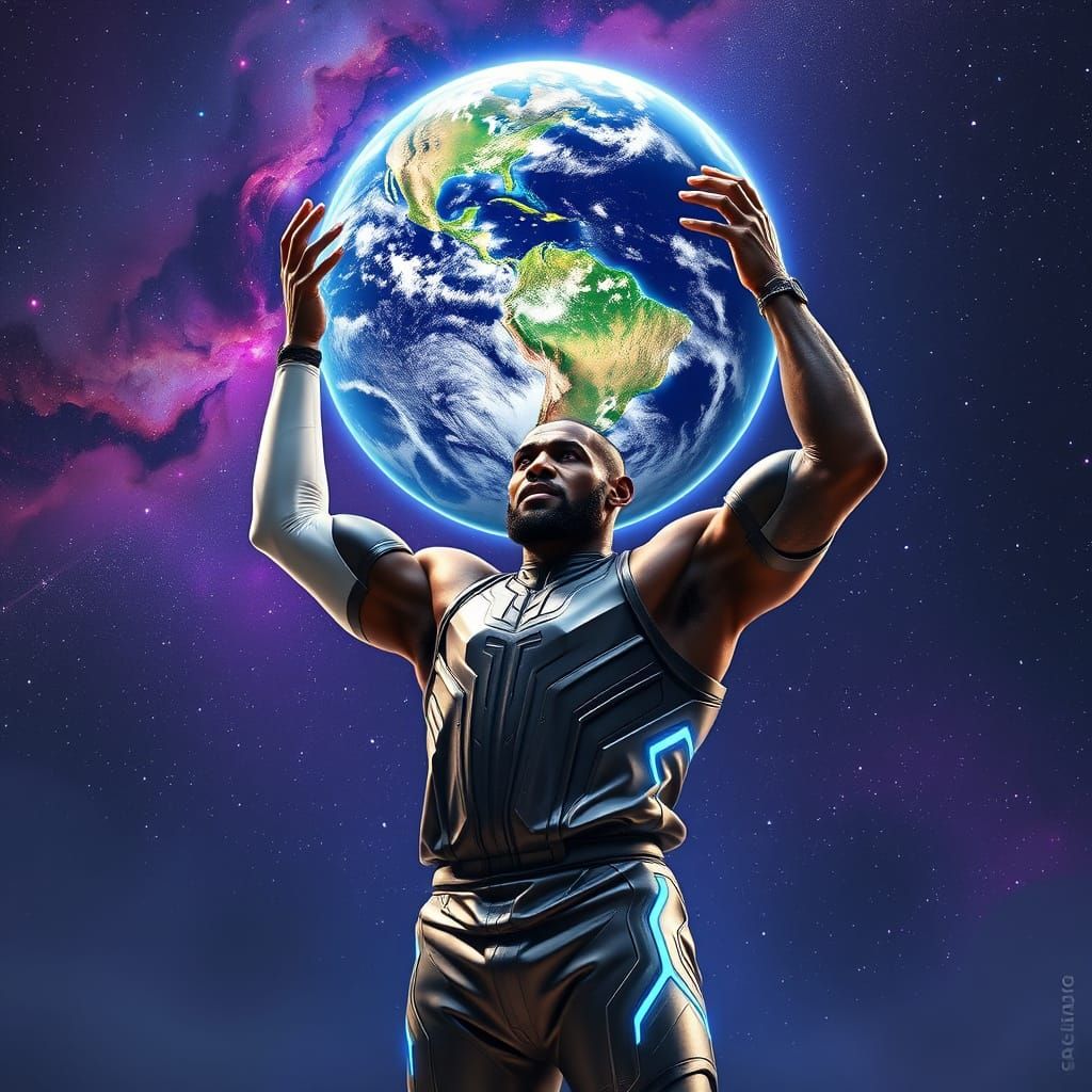 LeBron James Heroically Lifts the Earth in a Metallic Exosui...