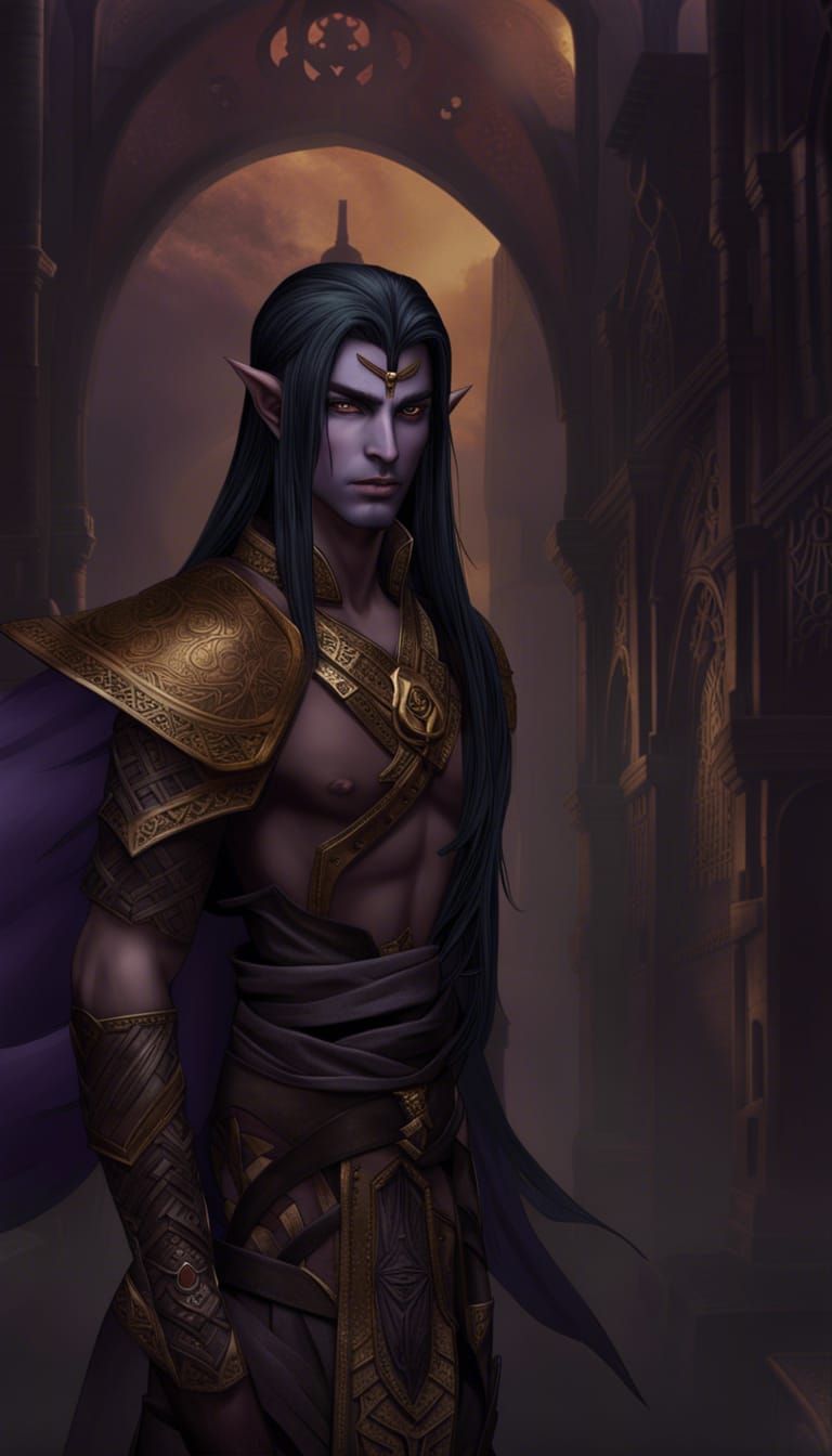 a handsome and masculine dark elf, long straight dark hair, black eyes ...