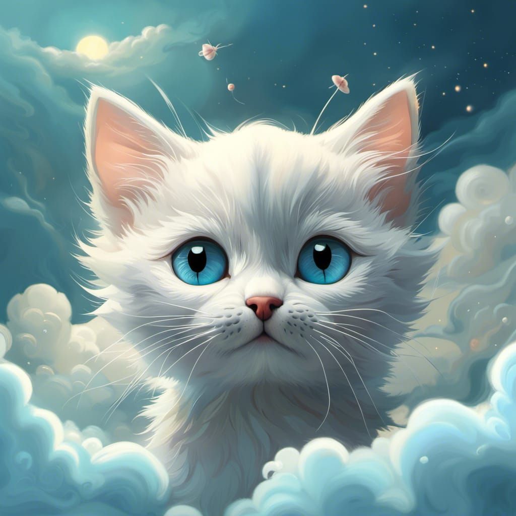 adorable cute kitten made as clouds on nebula pale blue clouds, in the ...