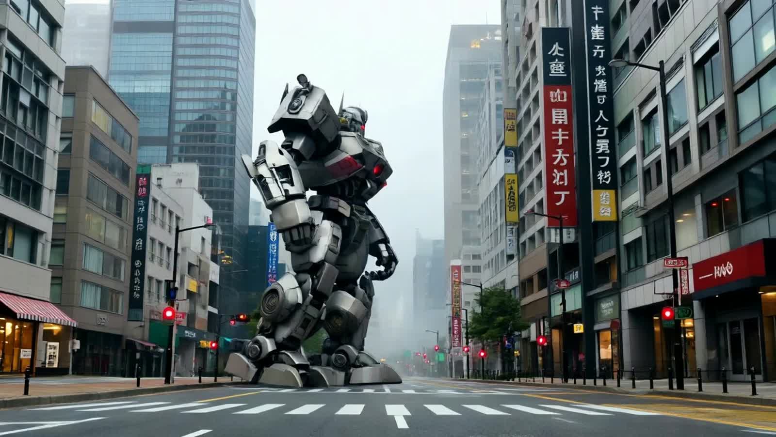 giant robot battle mech, walking through Tokyo, tall buildings in the background, foggy morning, movie still in the styl...