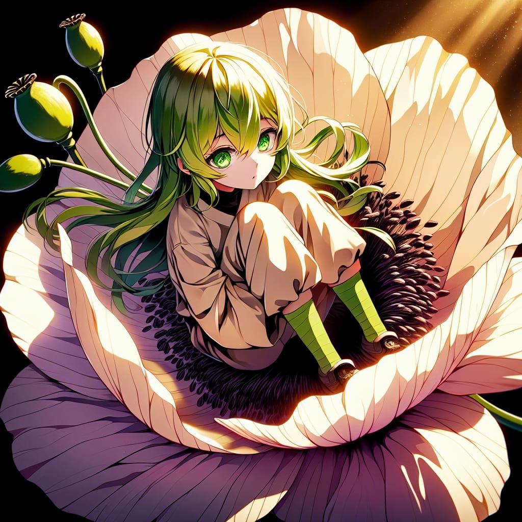 Anime girl with long lime green hair and bright green eyes c...